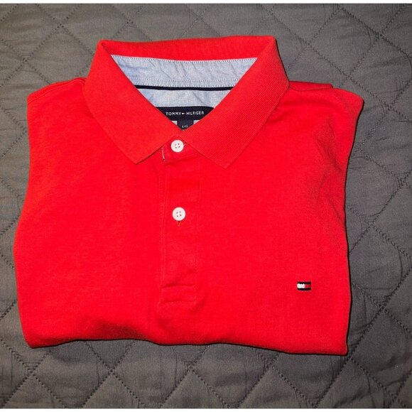Tommy Hilfiger Mens Polo LARGE Red Shirt Short Sleeve Button Front Collar - Picture 4 of 4